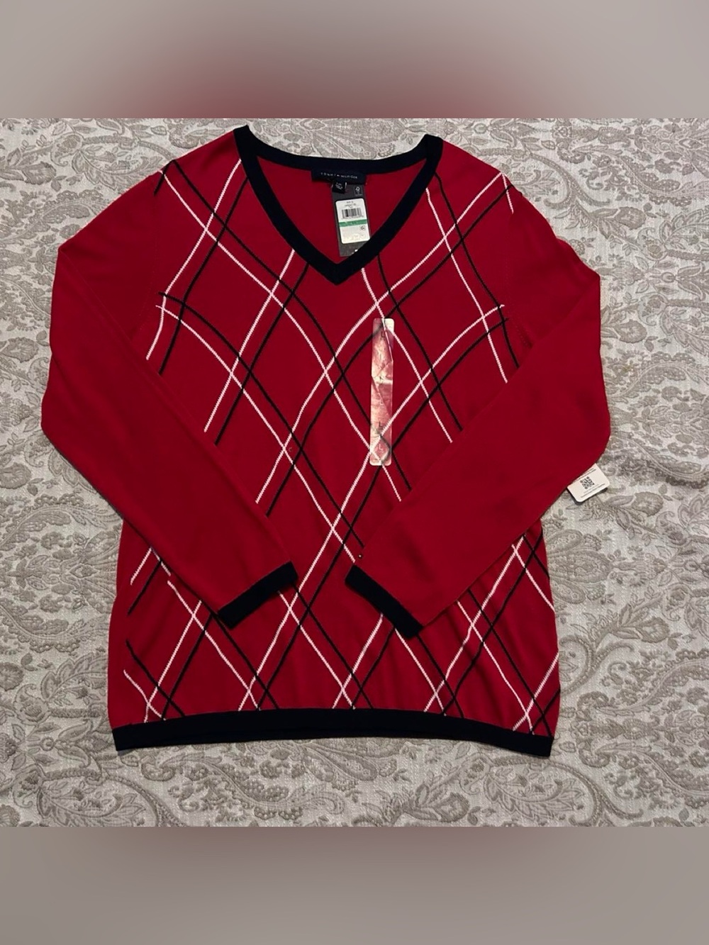 Tommy Hilfiger Red Argyle V-Neck Sweater with Black Trim